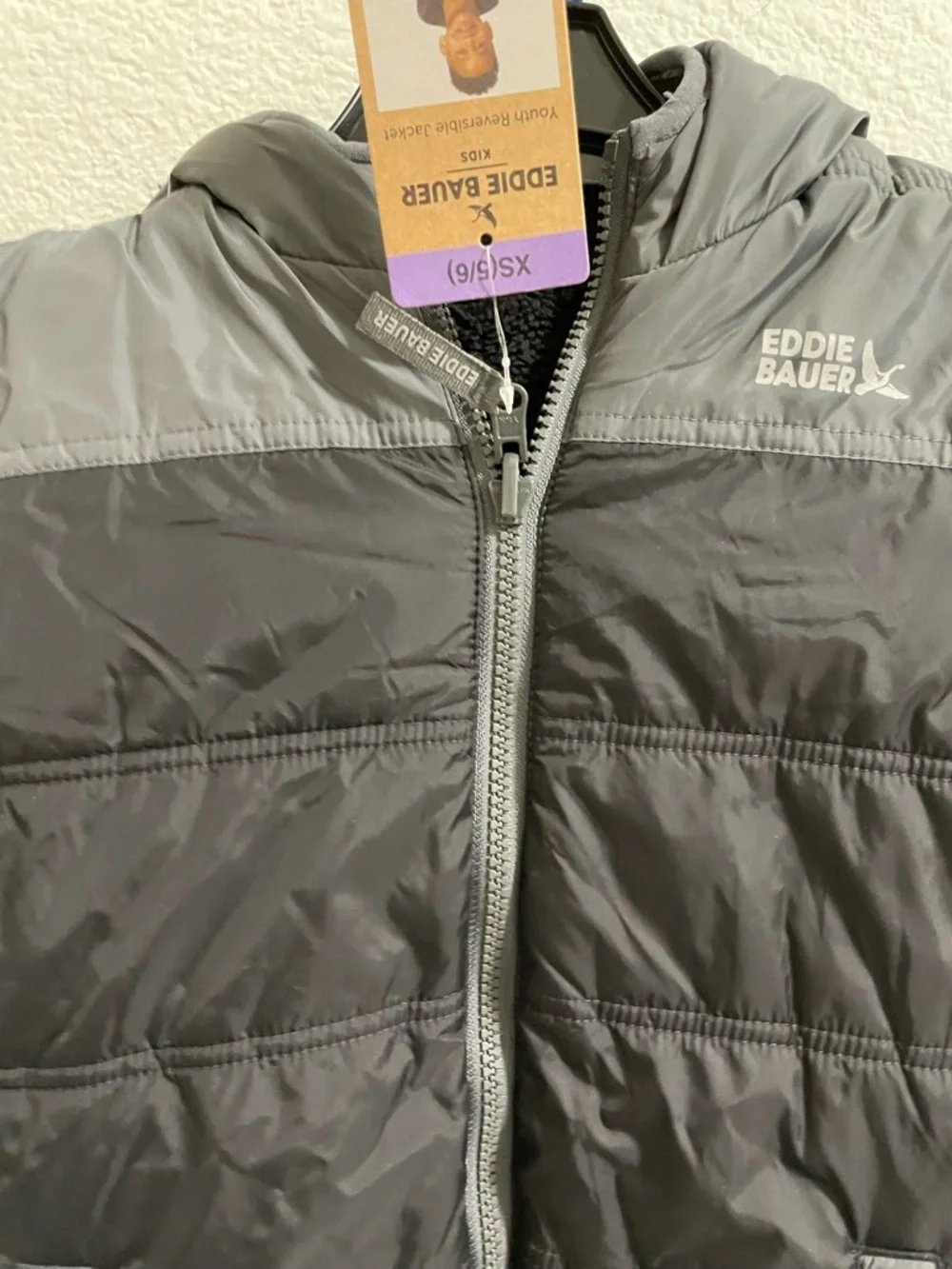 Eddie Bauer Black kids reversible puffer fleece lined Jacket NEW